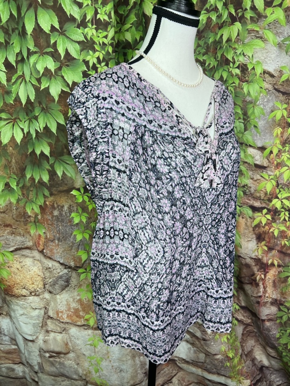 REBECCA TAYLOR Summer Designer Black and Lilac Double Tie Neck Print Blouse, 12 - Picture 10 of 12